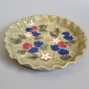 Handcrafted Mesa International Stoneware Pie Dish W/ Floral & Berry Pattern 10"